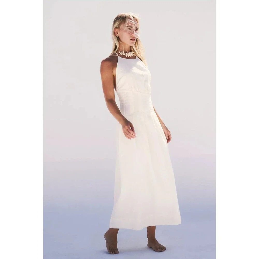 Free People Free Est Made For Me Midi Dress Halter Smocked Cotton White M 289017